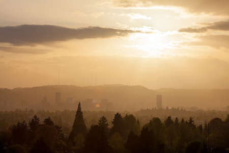 Golden sunset over the city of Portland Oregon skylineの写真素材