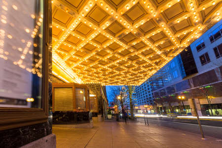 Theater ceiling marquee lights in downtown Portland Oregon on Broadway at evening blue hourの写真素材