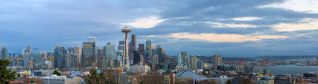 Seattle Washington city downtown skyline during evening blue hour panoramaの写真素材