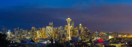 City of Seattle Washington downtown skyline during evening blue hour panoramaの写真素材