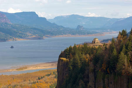 Vista House on Crown Point Oregon at Columbia River Gorge with Beacon Rock View on Washington Stateの写真素材