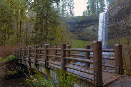 Wood Bridge by South Falls in Silver Falls State Park in Oregonの写真素材