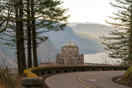 Vista house on Crown Point along Old Columbia Highway in Columbia River Gorge Oregonの写真素材