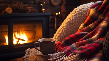 A mug of hot tea in a cozy living room with a fireplace. Cozy winter dayの素材