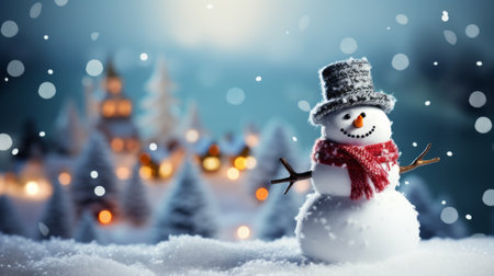 ?Christmas snowman in winter. Happy snowman standing in ?Christmas landscape.の素材