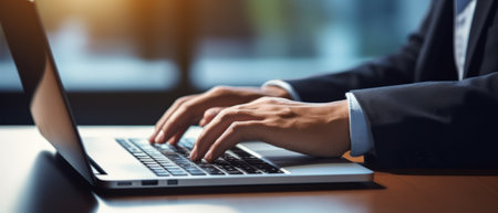 Closeup of Business Woman's Hands Typing on Laptop Keyboard. Productive Workspaceの素材