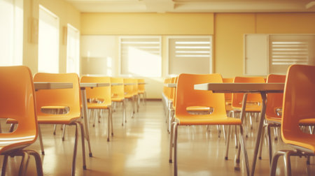 Detailed view of an empty classroom with chairs and tablesの素材