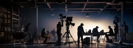 Film crew team lightman and cameraman working together with director in big studio, video production behind the scenes making of TV commercial movieの素材
