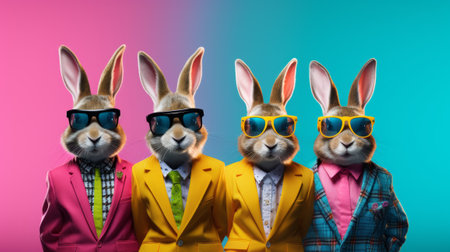 Rabbit Bunny in a group, bright fashionable outfits isolated on solid backgroundの素材