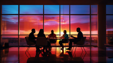 Silhouettes of people in a meeting room with window behind themの素材