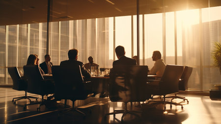 Silhouettes of people in a meeting room with window behind themの素材