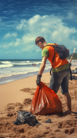 Volunteer Cleaning up a Beautiful Beach. Environmental Stewardshipの素材