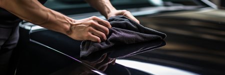 The man holds the microfiber in hand and polishes the carの素材