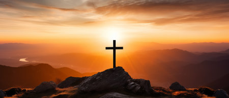 Silhouette Christian cross on mountain in sunrise backgroundの素材