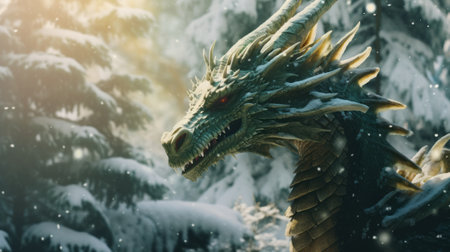 Green dragon in a fairy forest with copy space. Chinese New Yearの素材