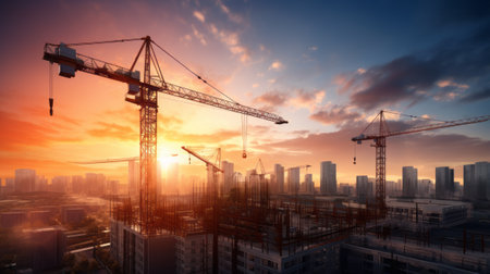 Building under construction, crane and building construction site on sunset daytime, industrial developmentの素材