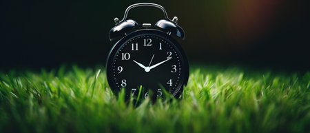 Black color alarm clock on green grassの素材