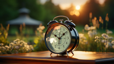 Black color alarm clock on green grassの素材