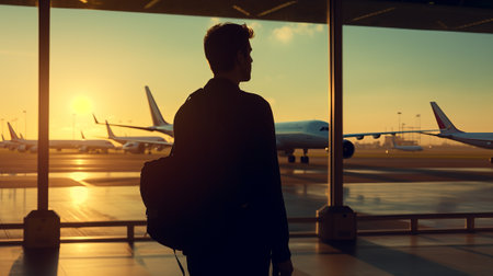Man silhouette is watching to the plane from airport terminalの素材