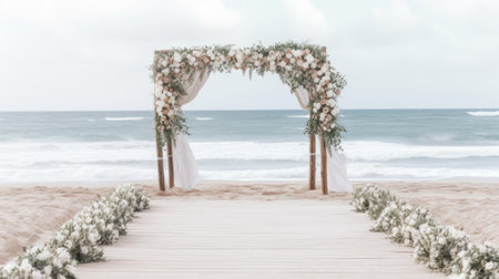 Beach wedding with a beautiful altar and flowers. Sea on backgroundの素材
