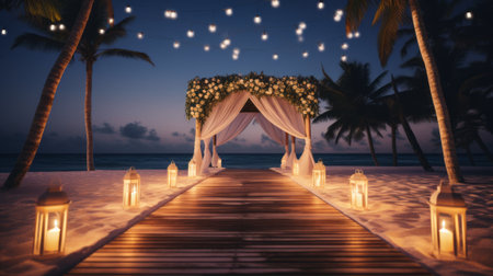 Beach wedding with a beautiful altar and flowers. Sea on backgroundの素材