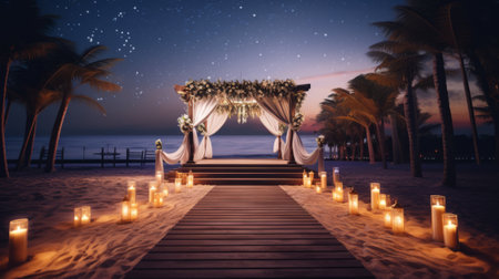 Beach wedding with a beautiful altar and flowers. Sea on backgroundの素材