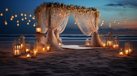 Beach wedding with a beautiful altar and flowers. Sea on backgroundの素材