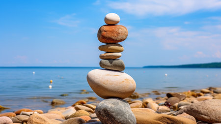 Stones Balance. Natural stones on the beach with copy spaceの素材