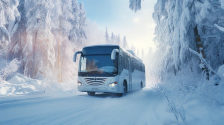 The tour bus in the winter snowstorm drives in the forestの素材