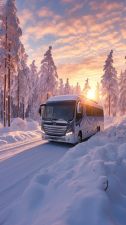 The tour bus in the winter snowstorm drives in the forestの素材