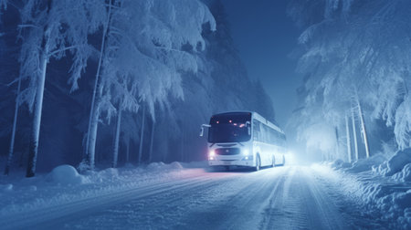 The tour bus in the winter snowstorm drives in the forestの素材