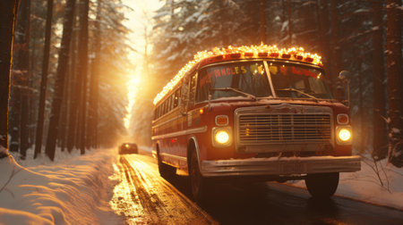 The tour bus in the winter snowstorm drives in the forestの素材
