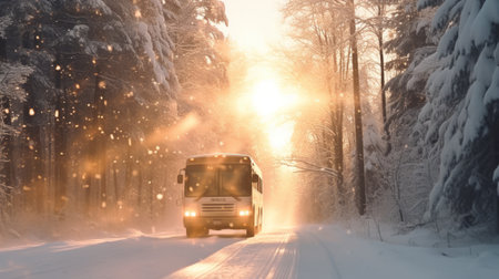 The tour bus in the winter snowstorm drives in the forestの素材