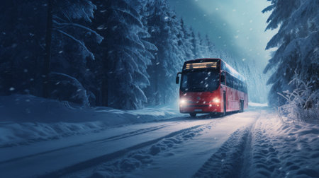 The tour bus in the winter snowstorm drives in the forestの素材