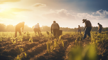 A Group of Farmers Working Together in a Fieldの素材