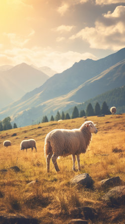 A Serene Shepherd Tending to Grazing Sheep. Majestic Mountain Pasturesの素材