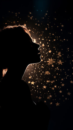 Silhouette of young woman with stars on backgroundの素材