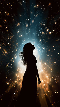 Silhouette of young woman with stars on backgroundの素材