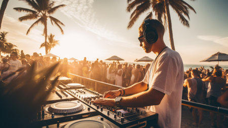 Dj mixing outdoor at beach party festival with crowd of people in backgroundの素材