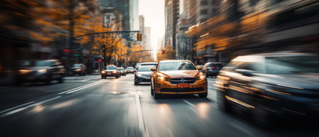 City Pulse in Motion: Dynamic Urban Flow with Cars in Motion Blur Amid Downtown Bustleの素材