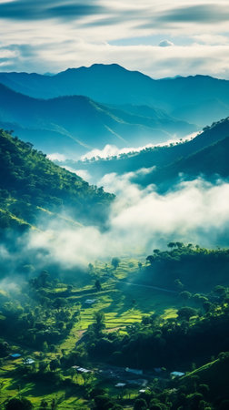 Foggy landscape in the jungle. Fog and cloud mountain tropic valley landscapeの素材