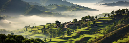Foggy landscape in the jungle. Fog and cloud mountain tropic valley landscapeの素材