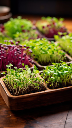 Microgreen shoots arranged on a sleek wooden tabletopの素材