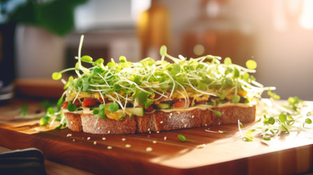 Vegeterian sandwich with microgreen sprouts on wooden cutting boardの素材