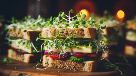 Vegeterian sandwich with microgreen sprouts on wooden cutting boardの素材