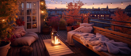 View over cozy outdoor terrace with outdoor string lights. Evening on the roof terrace of a beautiful house with lanternsの素材