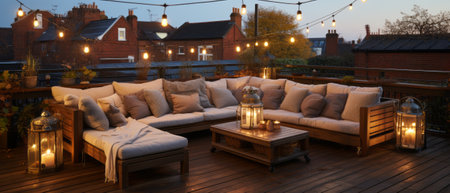 View over cozy outdoor terrace with outdoor string lights. Evening on the roof terrace of a beautiful house with lanternsの素材