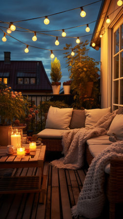 View over cozy outdoor terrace with outdoor string lights. Evening on the roof terrace of a beautiful house with lanternsの素材