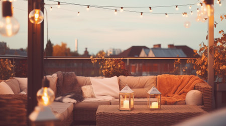 View over cozy outdoor terrace with outdoor string lights. Evening on the roof terrace of a beautiful house with lanternsの素材