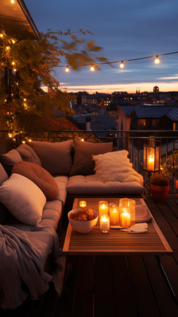View over cozy outdoor terrace with outdoor string lights. Evening on the roof terrace of a beautiful house with lanternsの素材